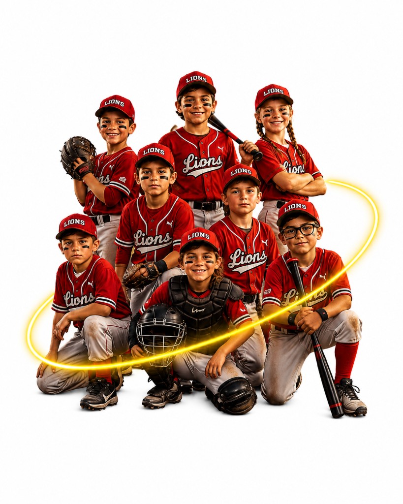 Youth baseball team in Lions uniforms